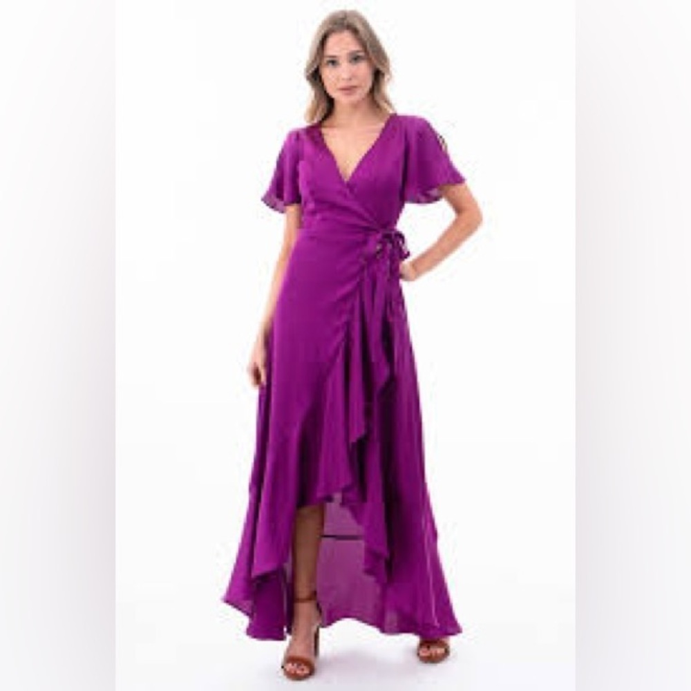 PURPLE WITH FLUTTER SLEEVES RUFFLE WRAP MAGENTA MAXI DRESS 159.00 - Picture 6 of 6